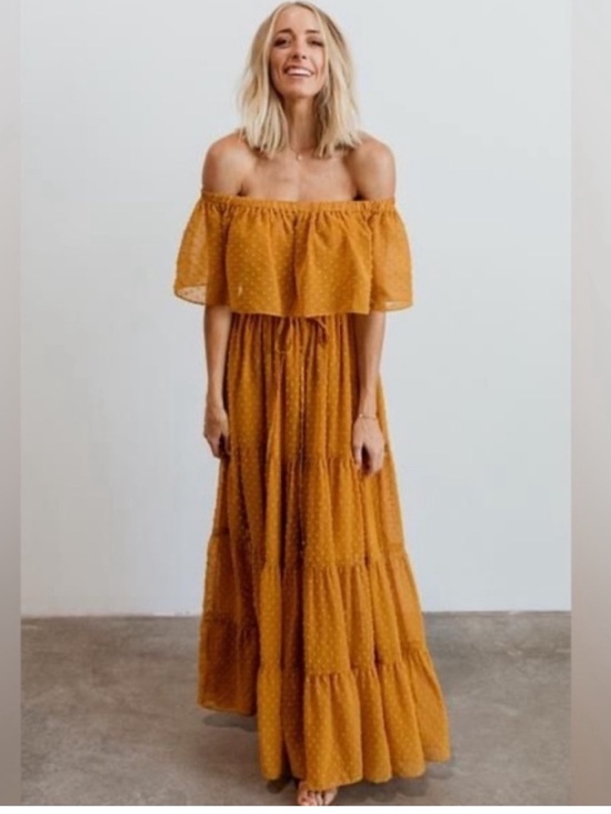Baltic Born Dresses & Skirts - Baltic Born Golden Yellow Sheer Swiss Dot Maxi Tiered Off Shoulder Dress Small